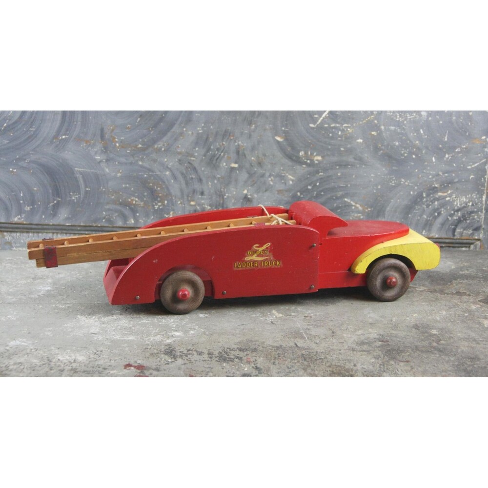 Vintage Buddy L Wood Fire Ladder Truck Pull Toy